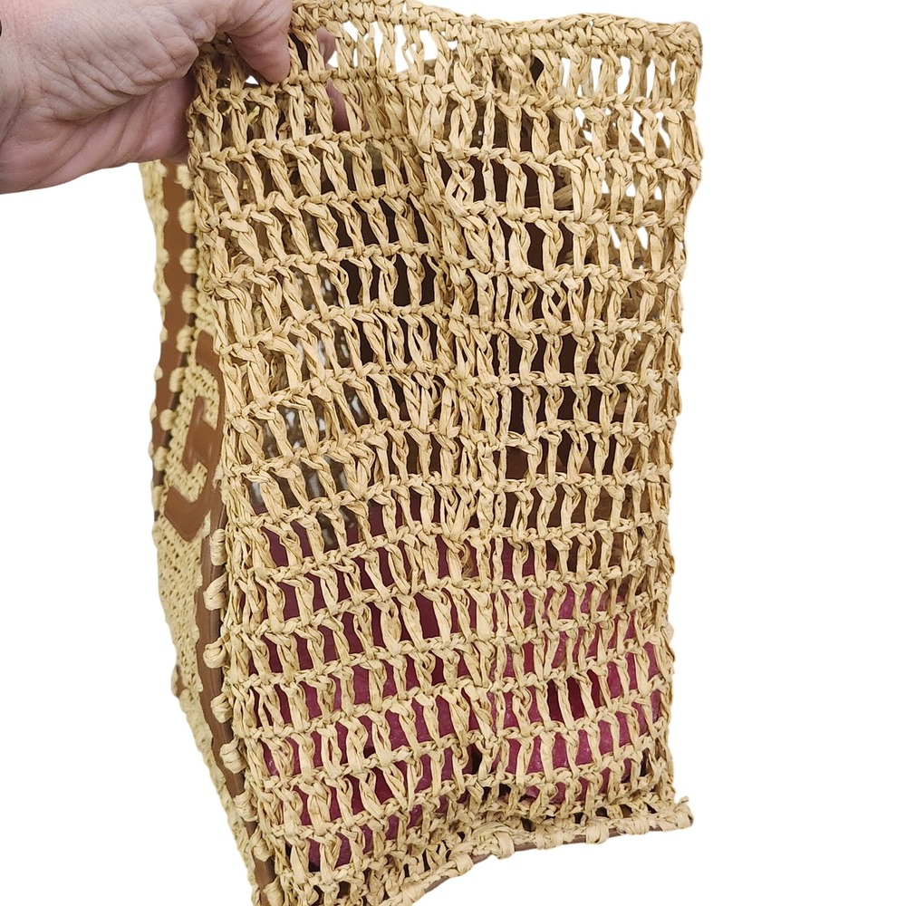 Sam Edelman Marley Woven Raffia Tote Bag Faux Leather Trim Summer Beach - Picture 11 of 12